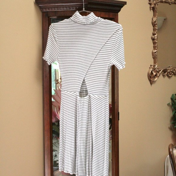 ASOS Striped turtleneck mini dress black white stretchy fit & flare cut out back - Picture 6 of 10